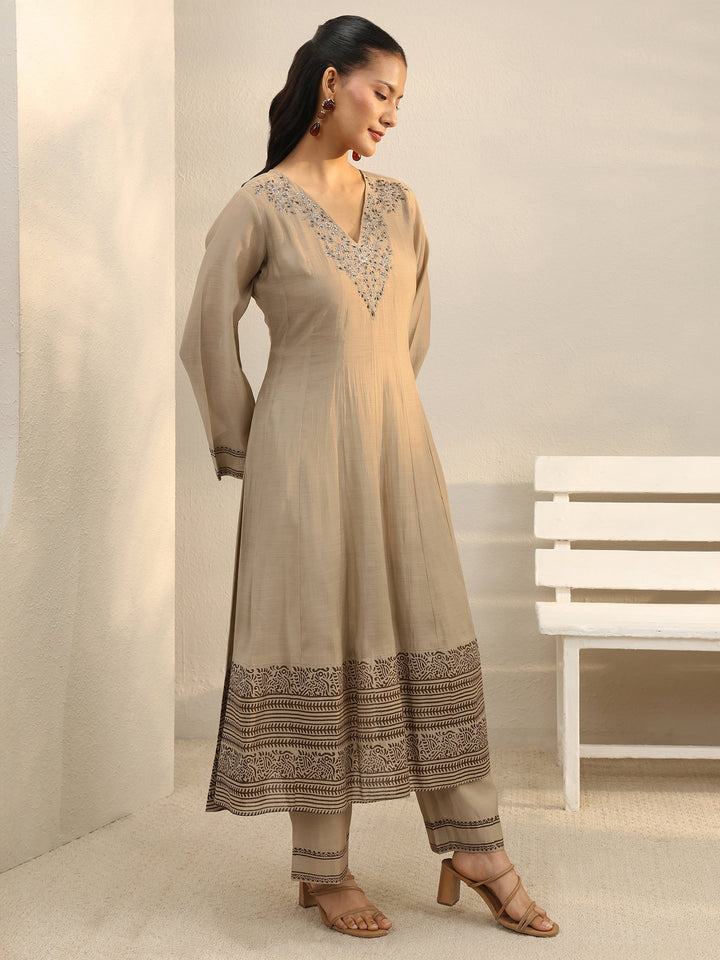 Beige Printed Chanderi Silk A-Line Suit Set