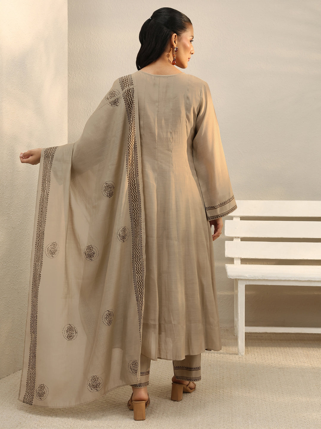 Beige Printed Chanderi Silk A-Line Suit Set