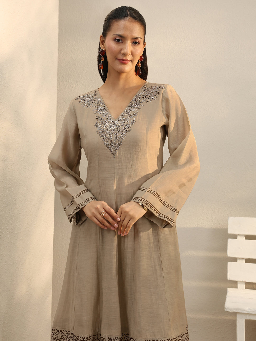 Beige Printed Chanderi Silk A-Line Suit Set