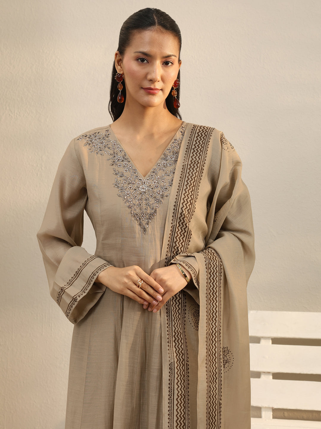 Beige Printed Chanderi Silk A-Line Suit Set