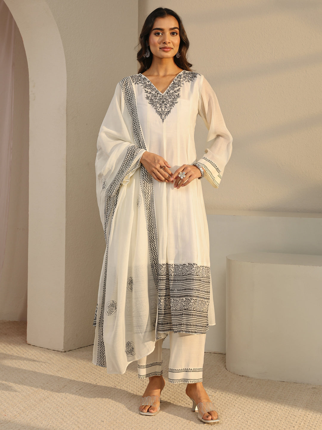 White Floral Yoke Design Chanderi Silk A-Line Suit Set