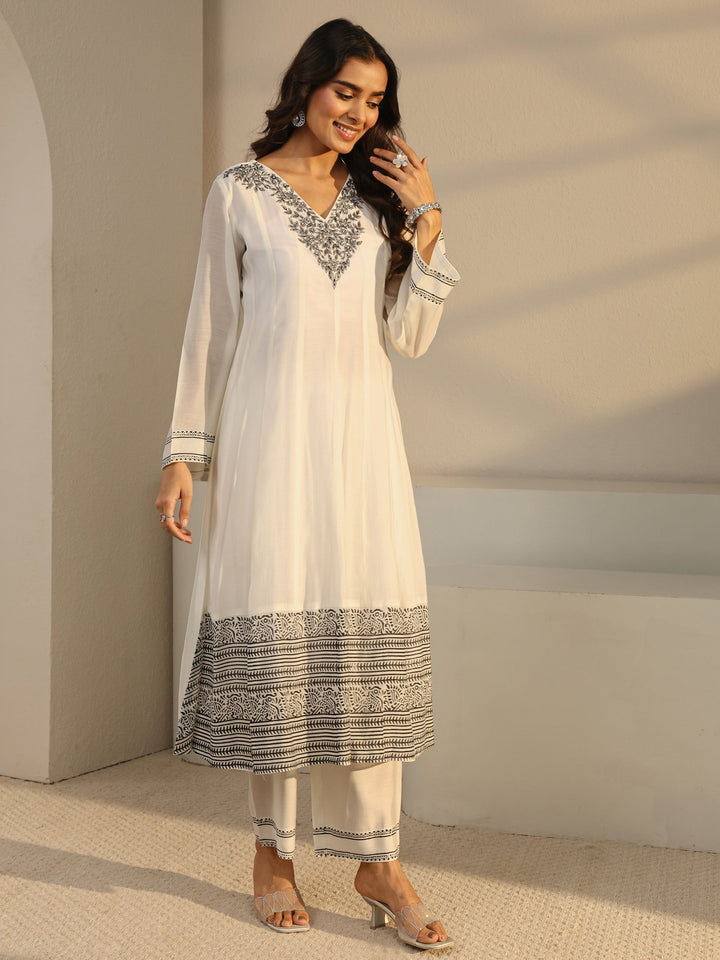 White Floral Yoke Design Chanderi Silk A-Line Suit Set