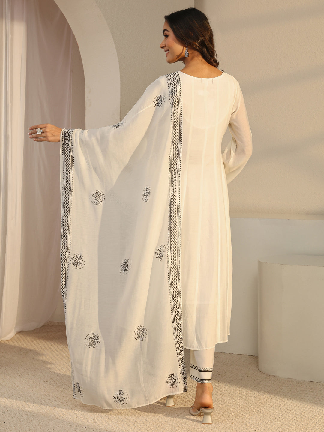 White Floral Yoke Design Chanderi Silk A-Line Suit Set