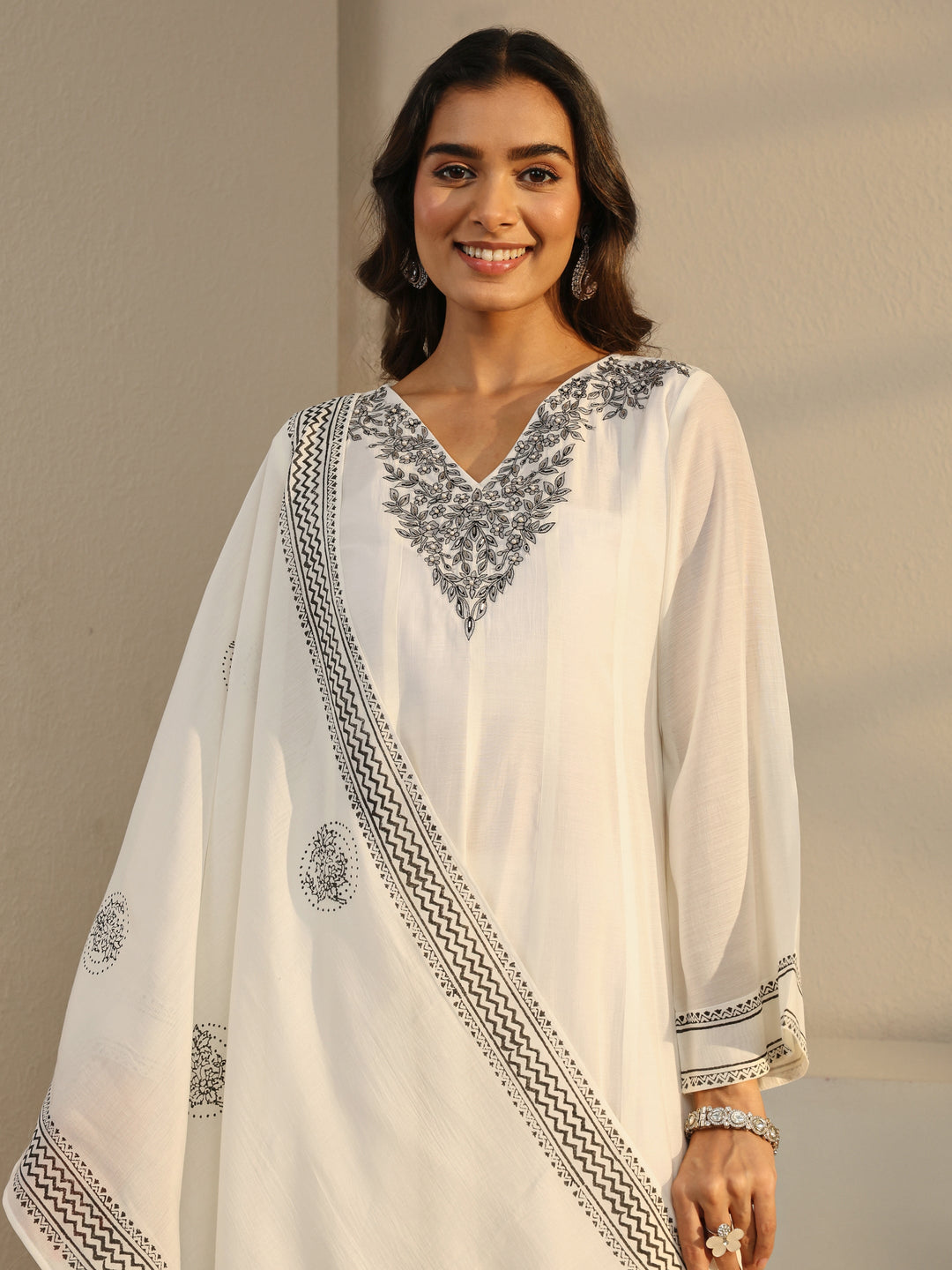 White Floral Yoke Design Chanderi Silk A-Line Suit Set