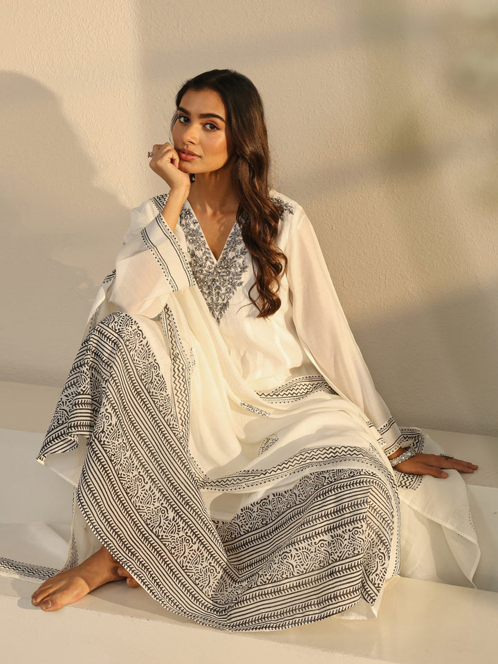 White Floral Yoke Design Chanderi Silk A-Line Suit Set