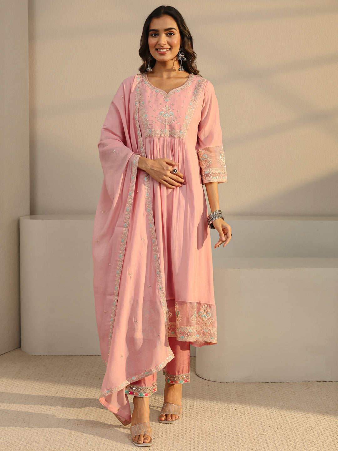 Pink Floral Yoke Design Chanderi Silk A-Line Suit Set