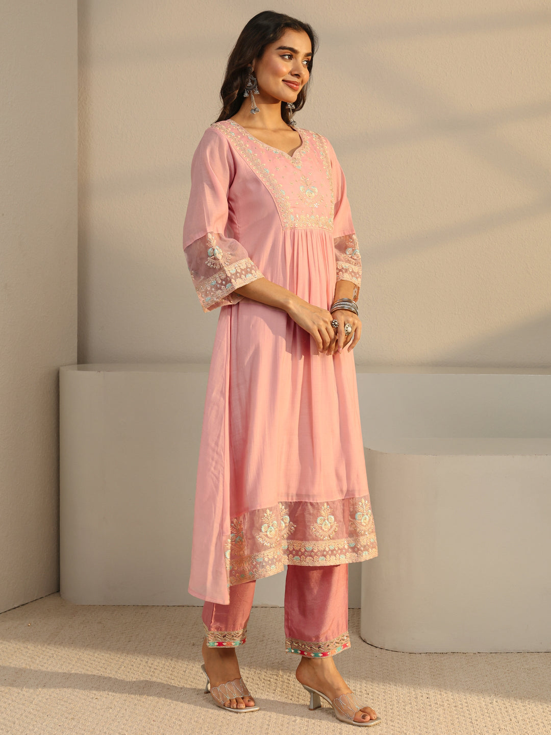 Pink Floral Yoke Design Chanderi Silk A-Line Suit Set