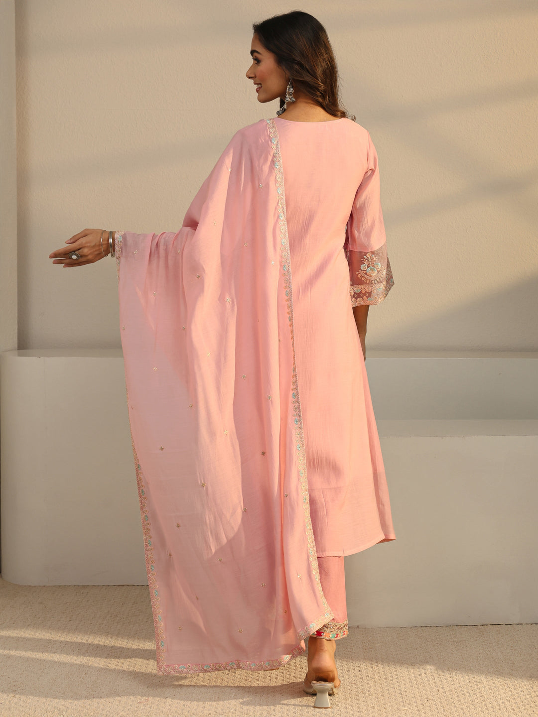 Pink Floral Yoke Design Chanderi Silk A-Line Suit Set
