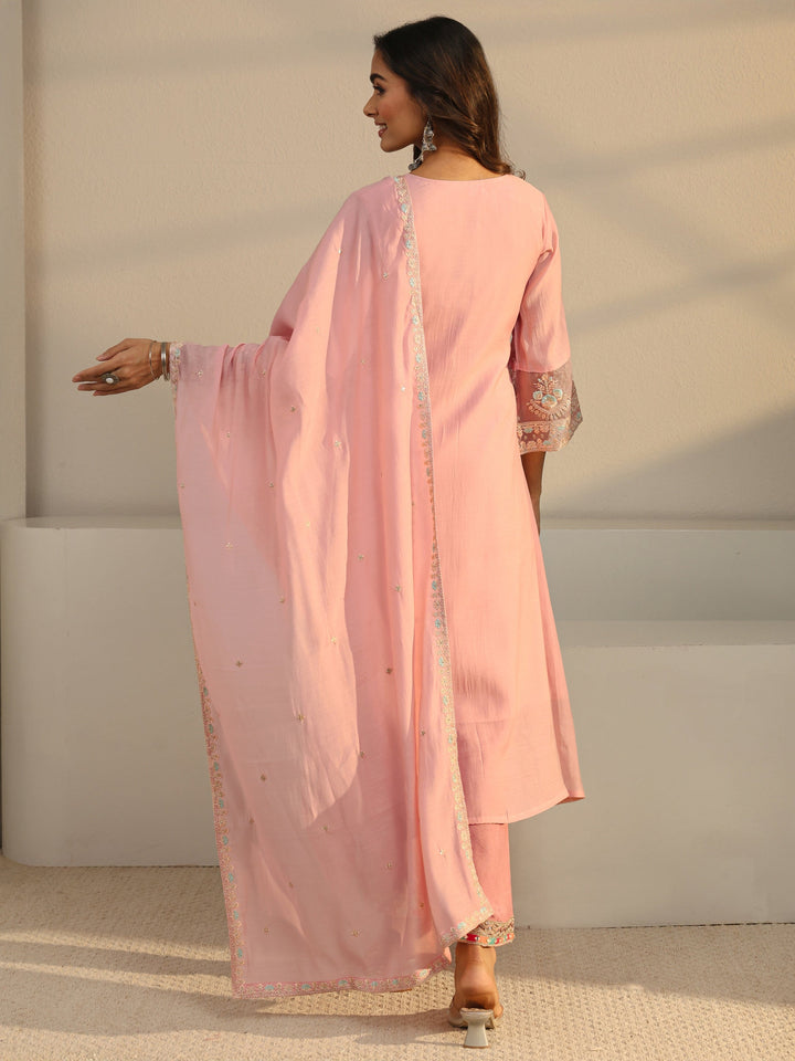 Pink Floral Yoke Design Chanderi Silk A-Line Suit Set
