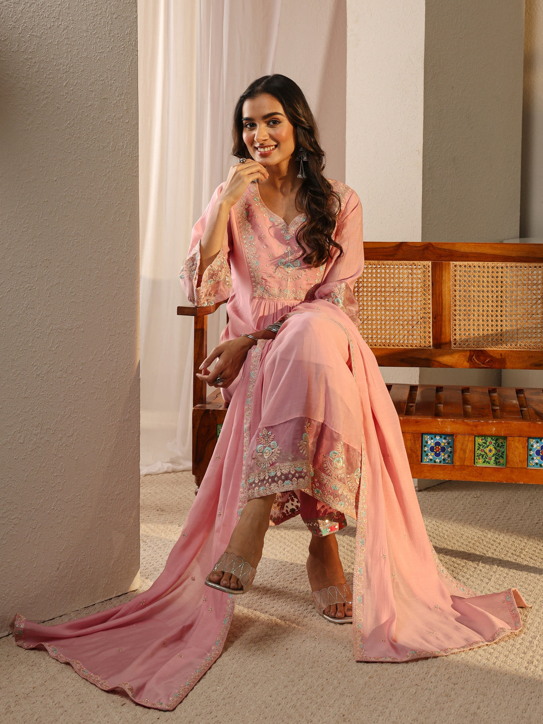 Pink Floral Yoke Design Chanderi Silk A-Line Suit Set