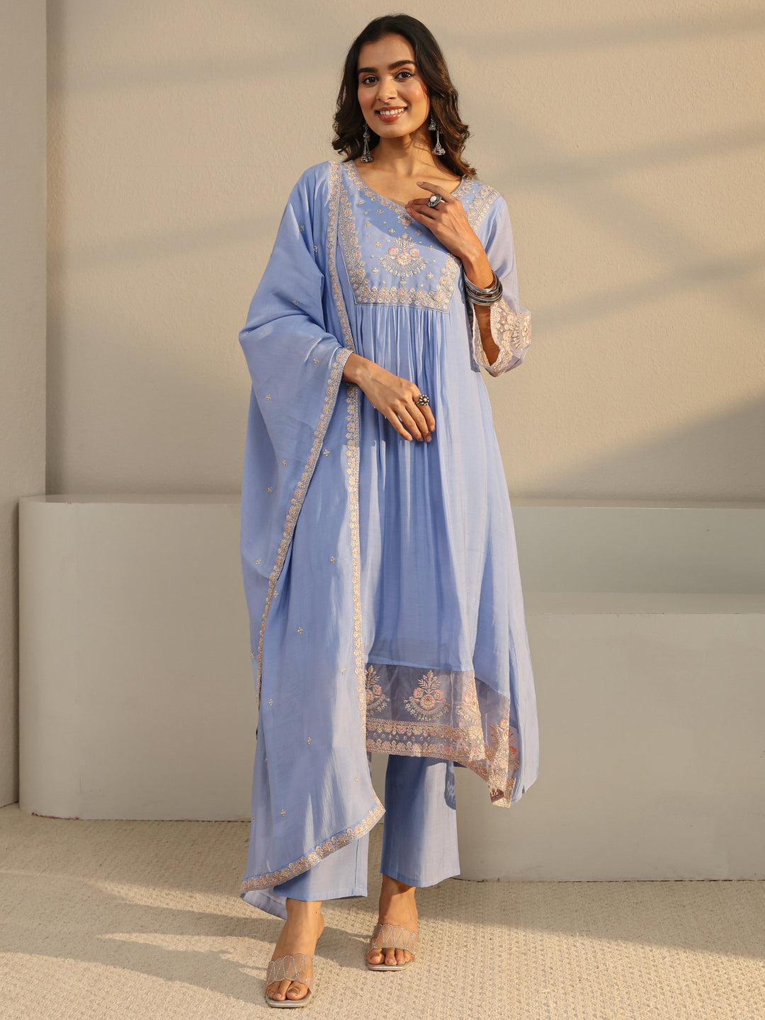 Blue Floral Yoke Design Chanderi Silk A-Line Suit Set
