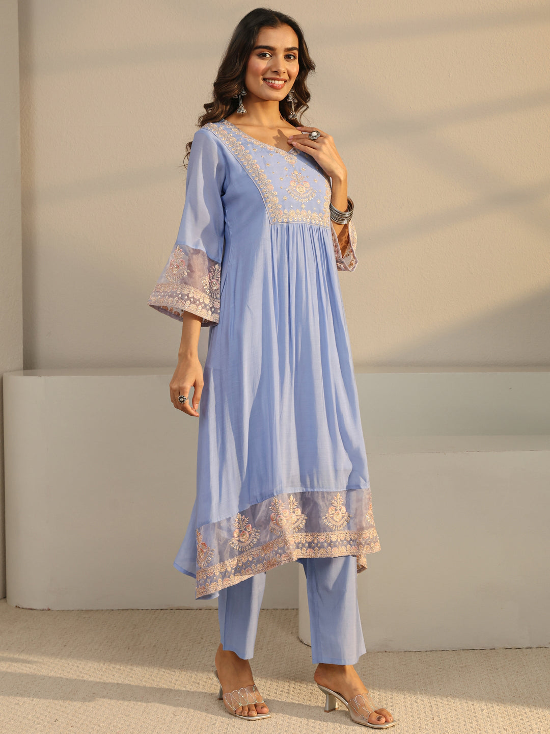 Blue Floral Yoke Design Chanderi Silk A-Line Suit Set