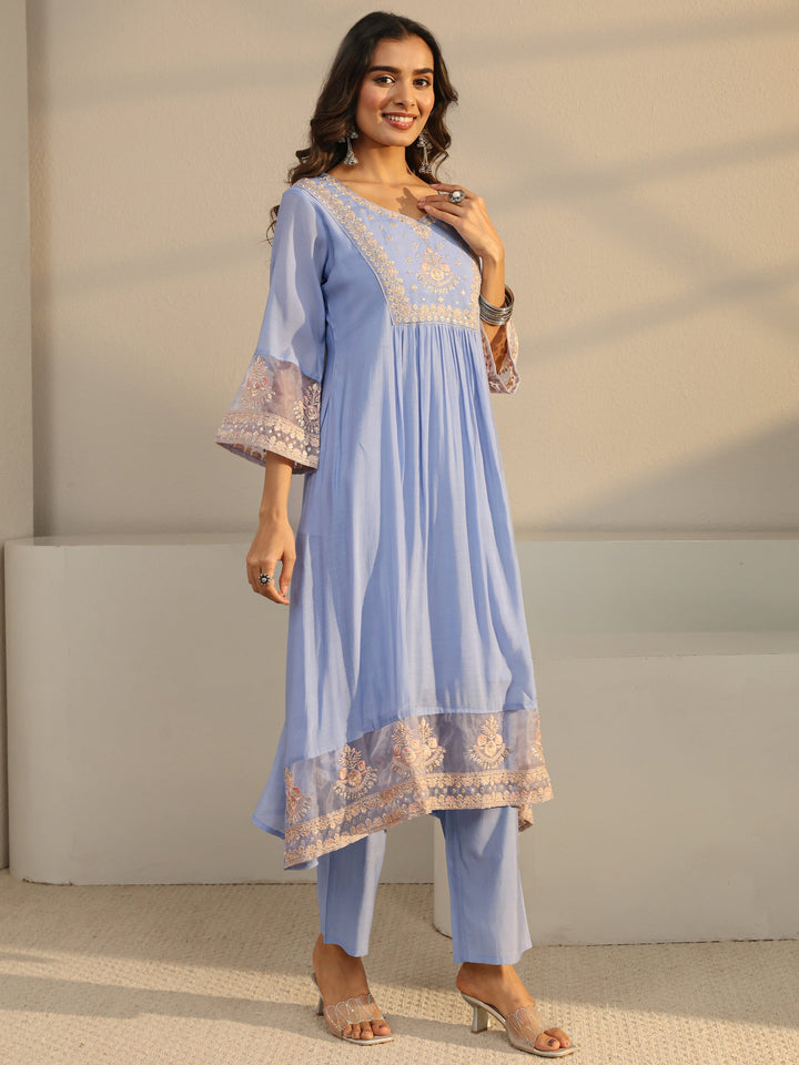 Blue Floral Yoke Design Chanderi Silk A-Line Suit Set
