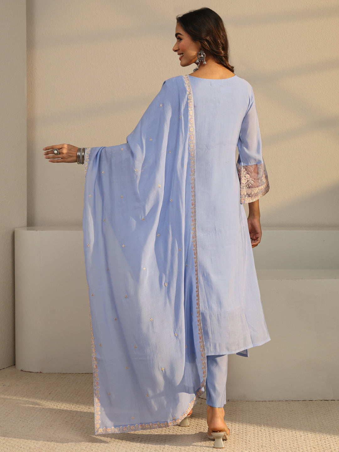Blue Floral Yoke Design Chanderi Silk A-Line Suit Set