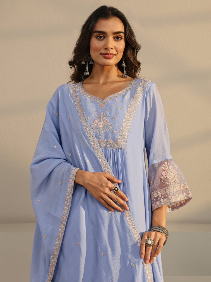 Blue Floral Yoke Design Chanderi Silk A-Line Suit Set