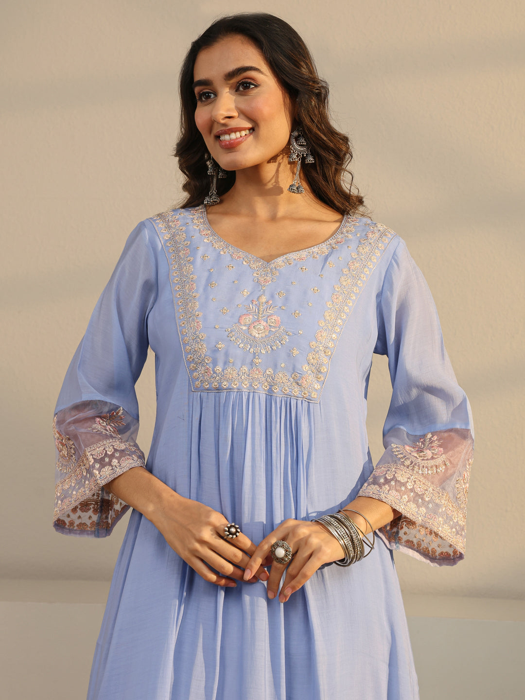 Blue Floral Yoke Design Chanderi Silk A-Line Suit Set