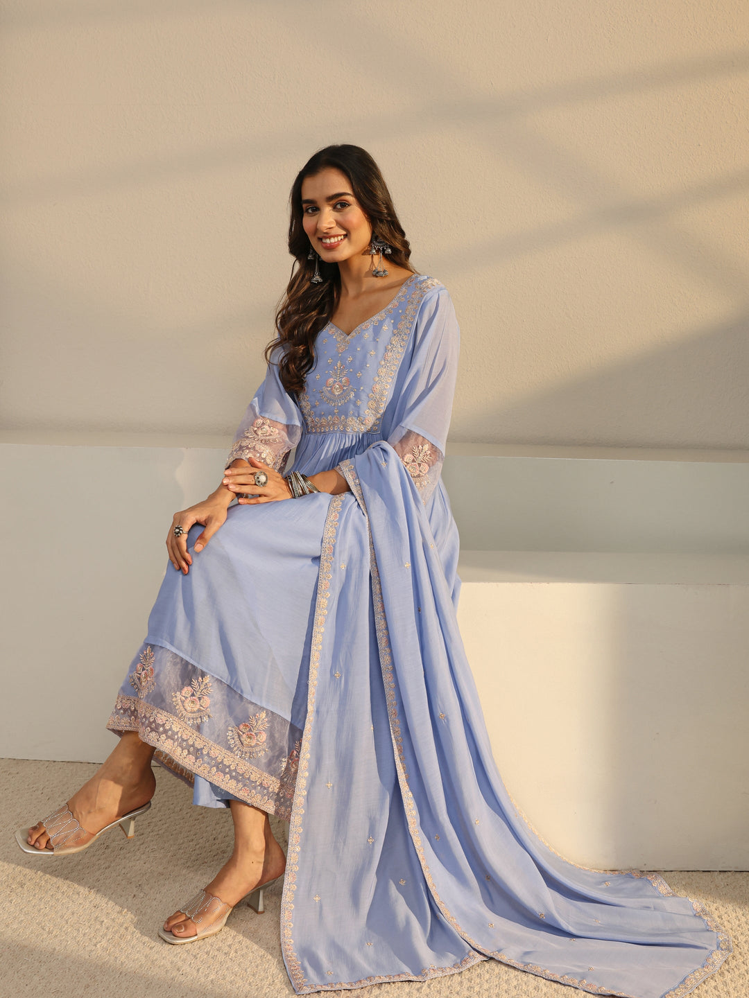 Blue Floral Yoke Design Chanderi Silk A-Line Suit Set