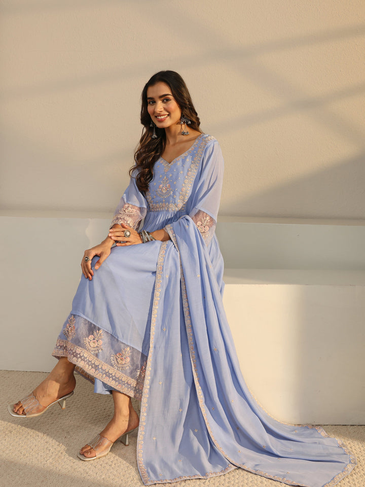 Blue Floral Yoke Design Chanderi Silk A-Line Suit Set