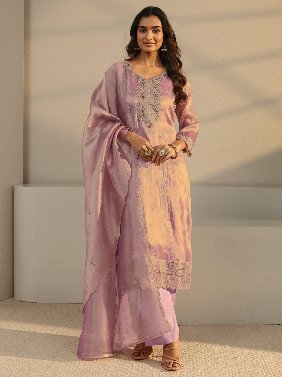 Lavender Floral Embroidered Tissue Straight Suit Set