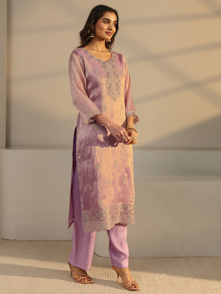 Lavender Floral Embroidered Tissue Straight Suit Set
