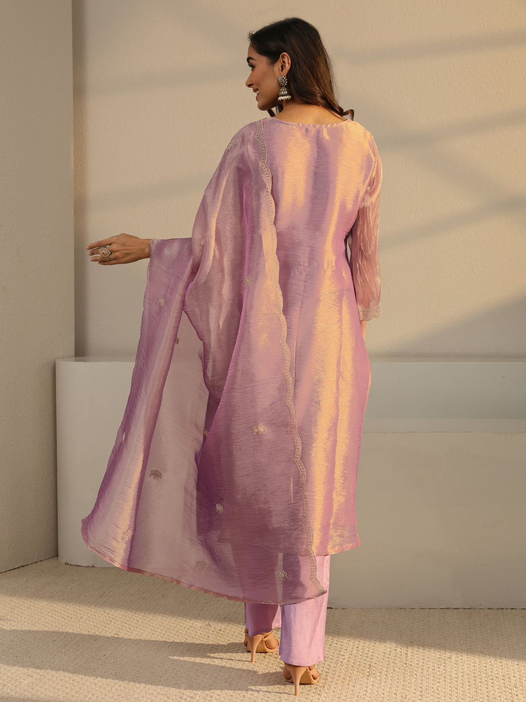 Lavender Floral Embroidered Tissue Straight Suit Set