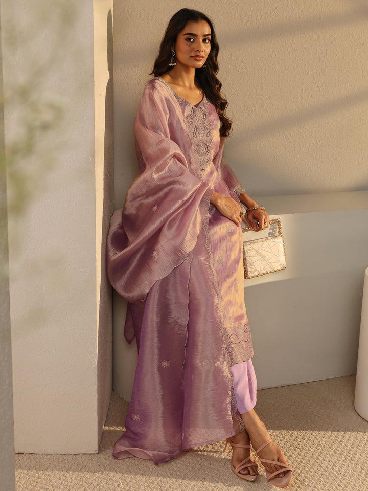 Lavender Floral Embroidered Tissue Straight Suit Set