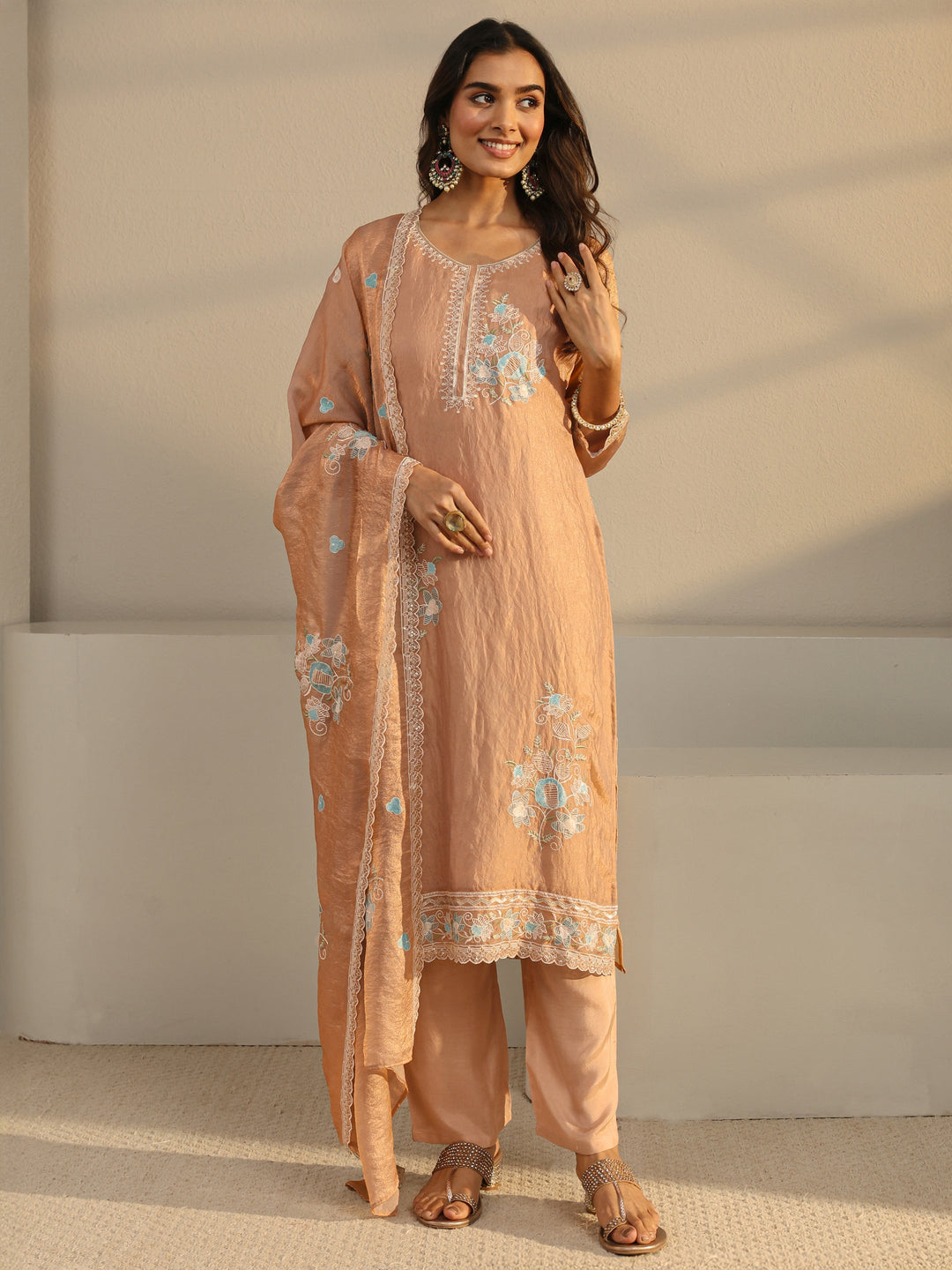 Rust Floral Embroidered Organza Straight Suit Set