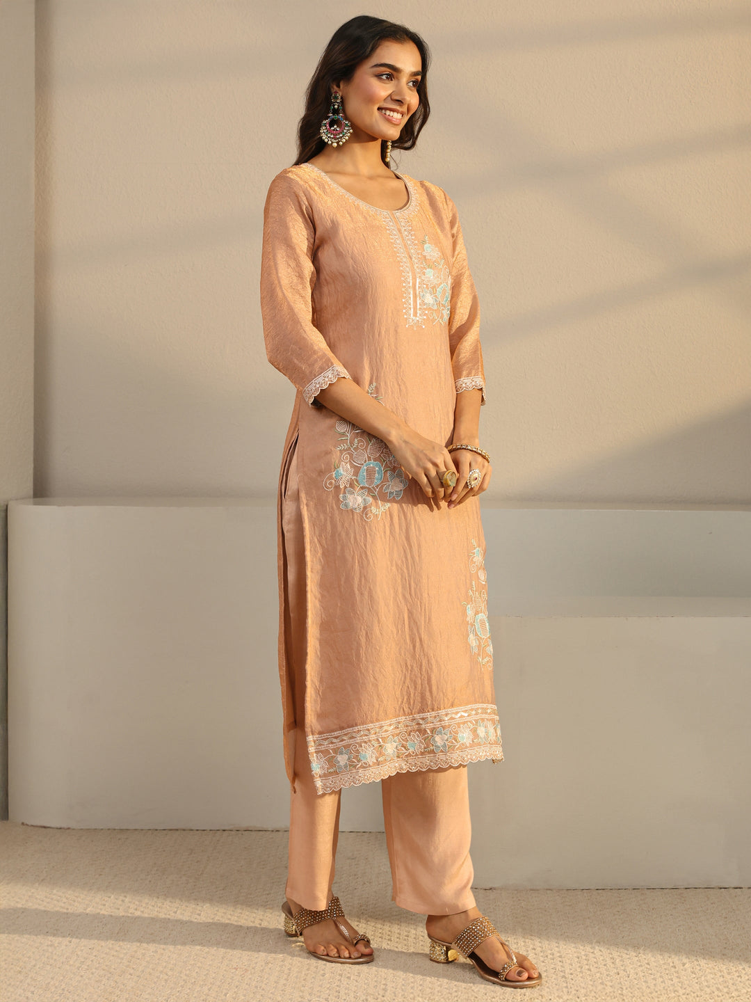 Rust Floral Embroidered Organza Straight Suit Set