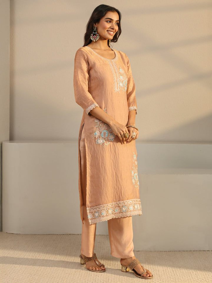 Rust Floral Embroidered Organza Straight Suit Set