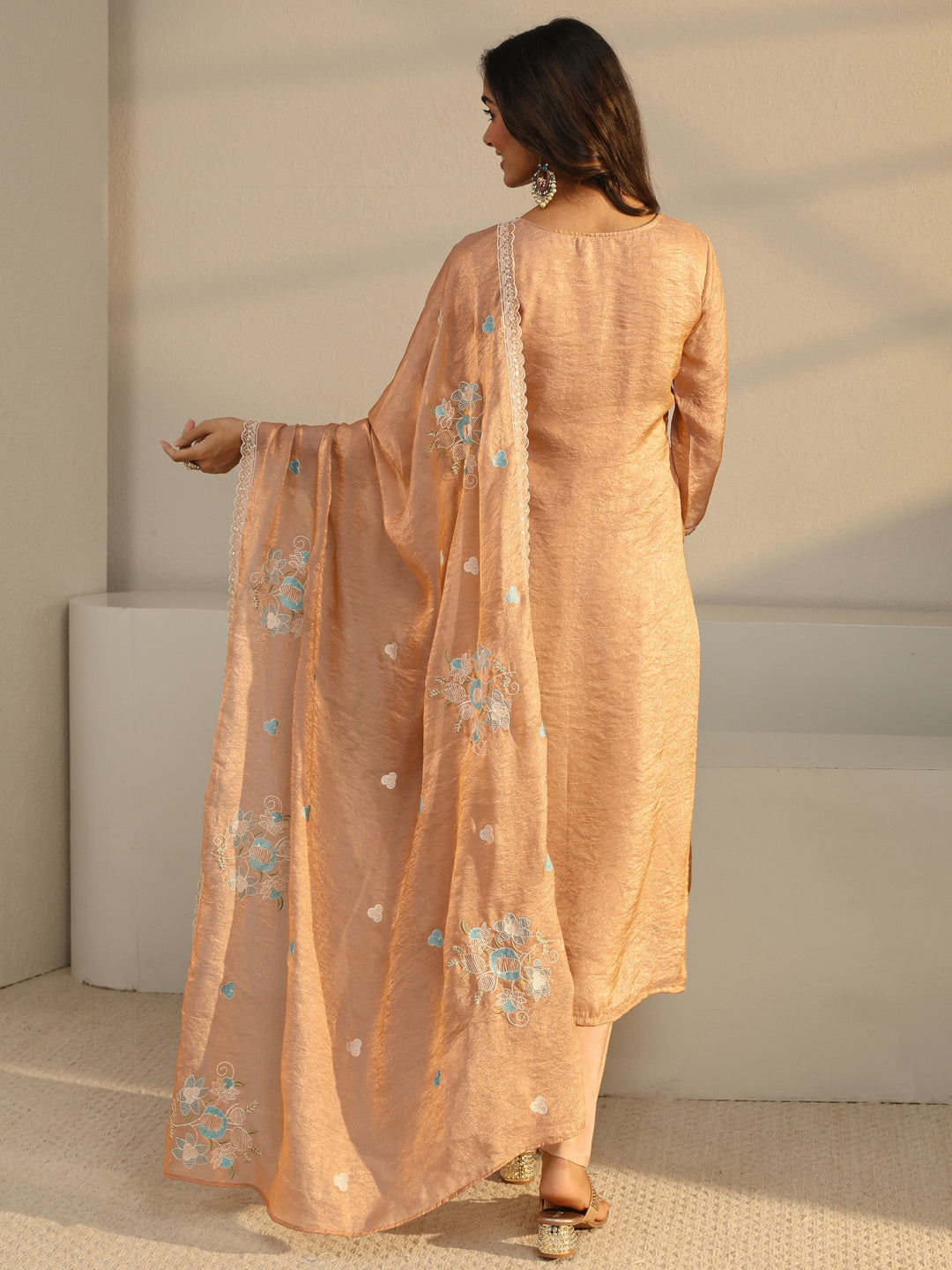 Rust Floral Embroidered Organza Straight Suit Set