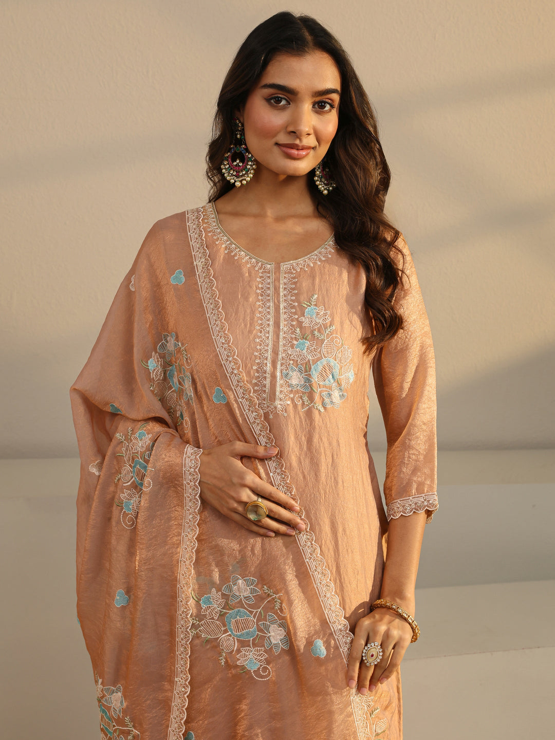 Rust Floral Embroidered Organza Straight Suit Set