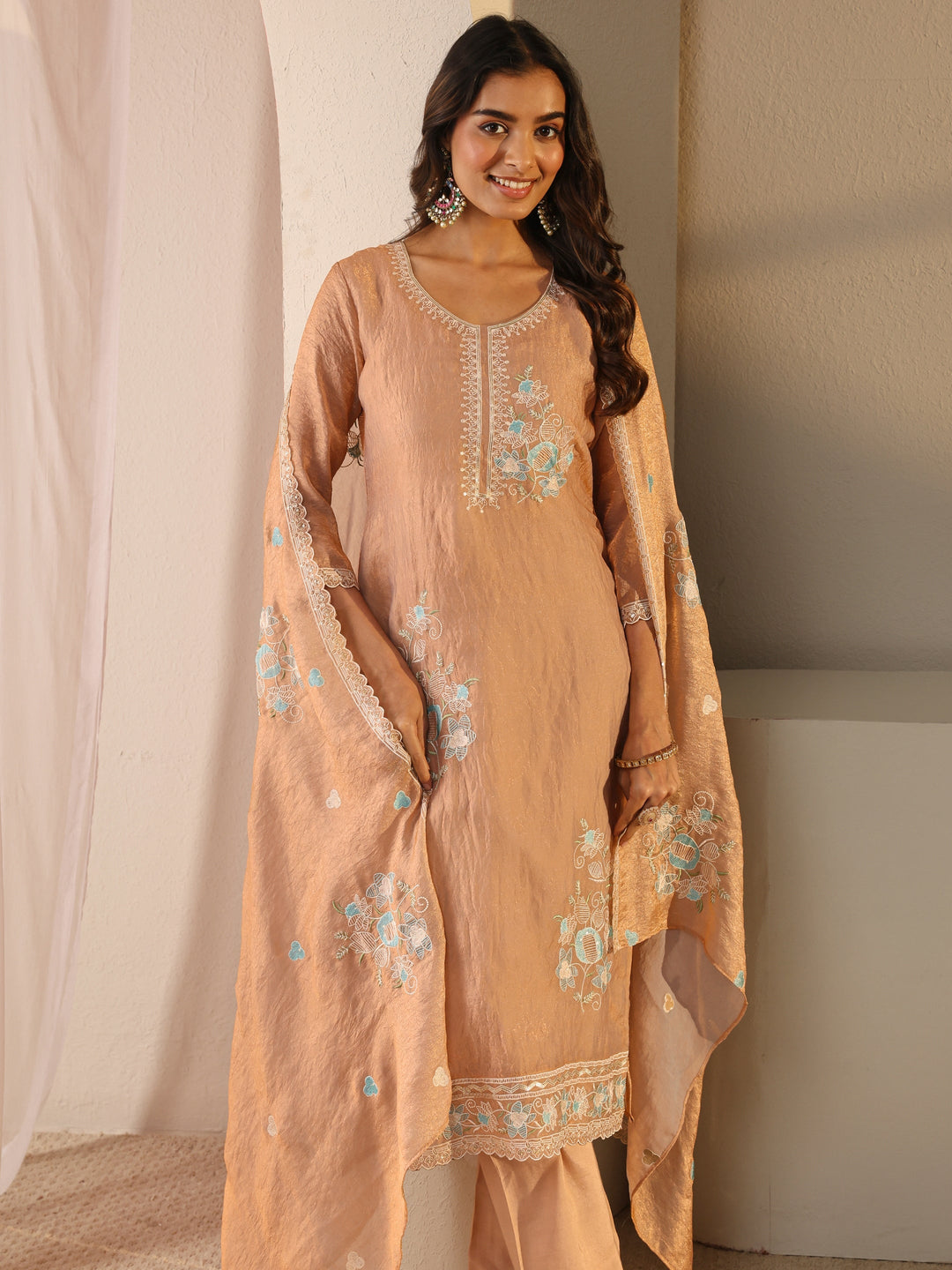 Rust Floral Embroidered Organza Straight Suit Set