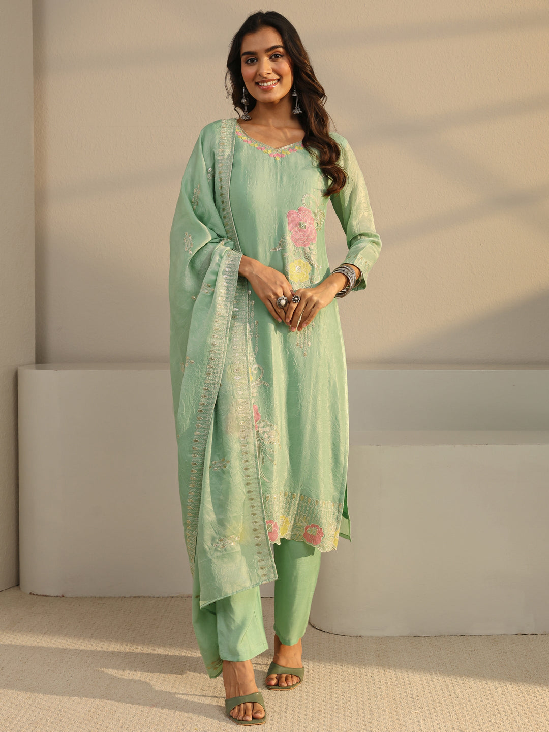 Green Floral Embroidered Organza Straight Suit Set