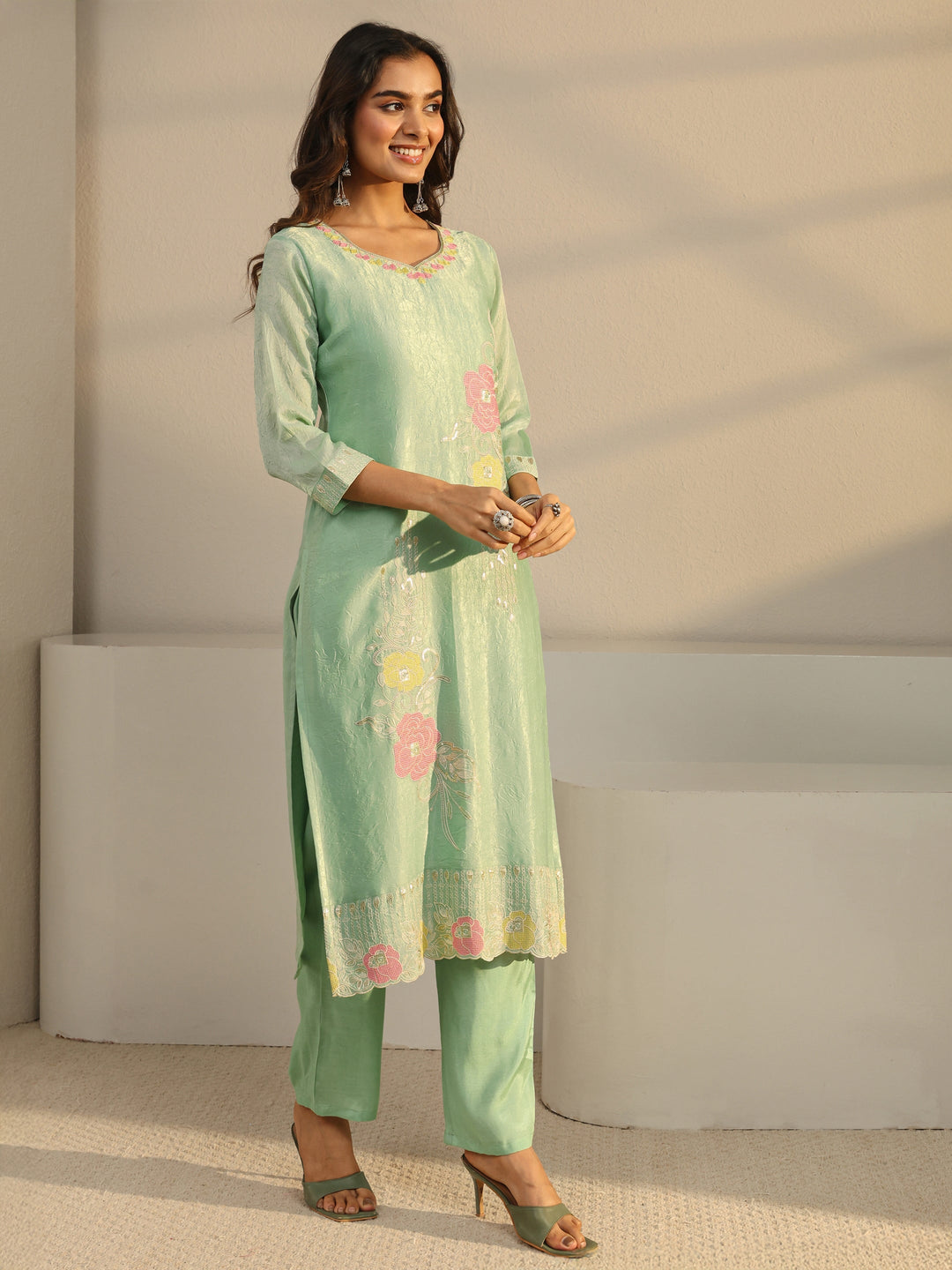 Green Floral Embroidered Organza Straight Suit Set