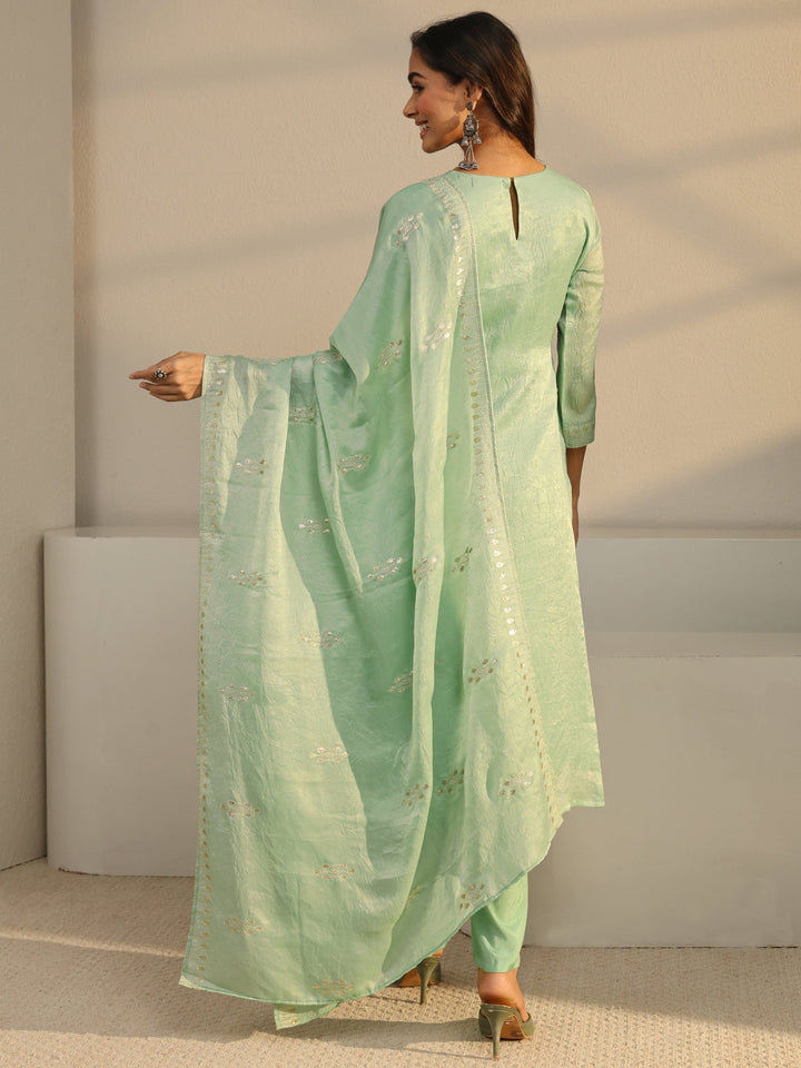 Green Floral Embroidered Organza Straight Suit Set
