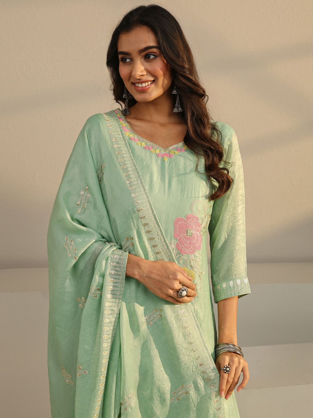 Green Floral Embroidered Organza Straight Suit Set