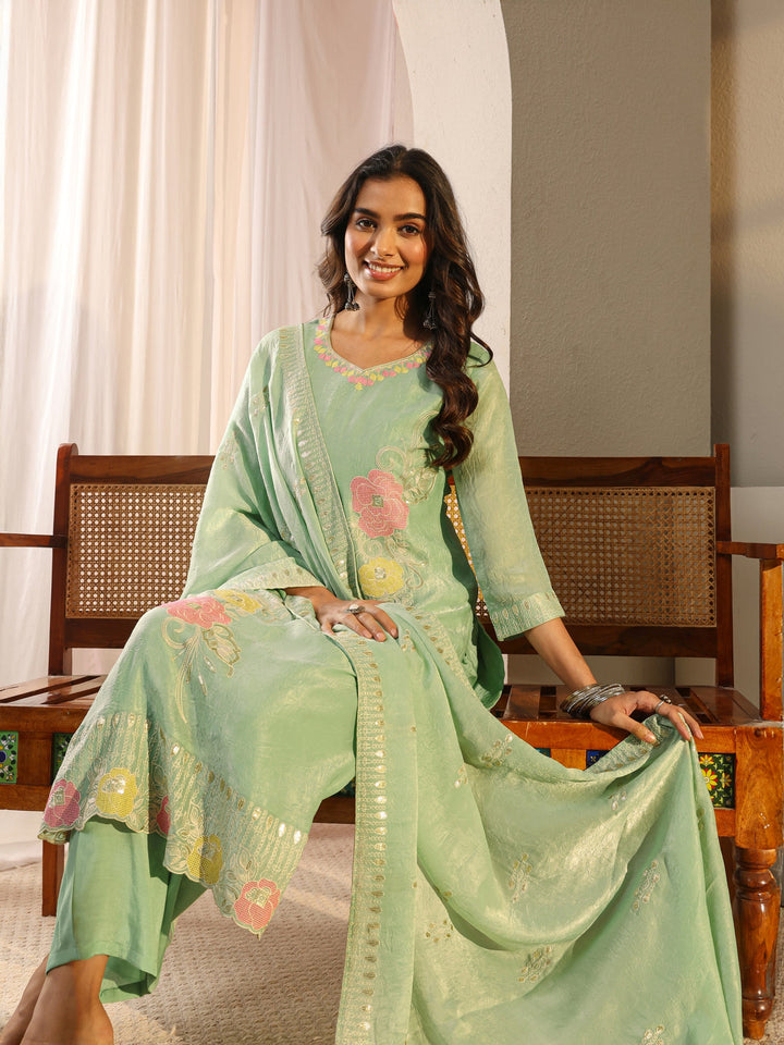 Green Floral Embroidered Organza Straight Suit Set