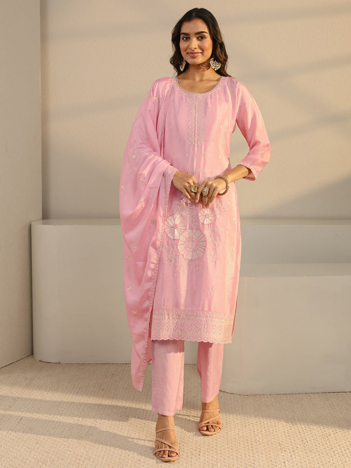 Pink Floral Embroidered Chinon Straight Suit Set