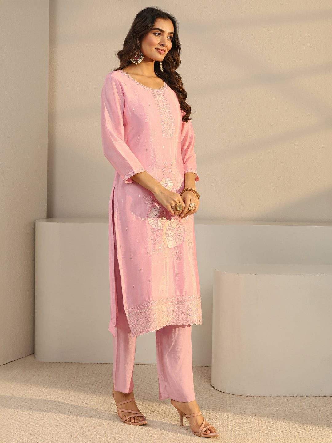 Pink Floral Embroidered Chinon Straight Suit Set