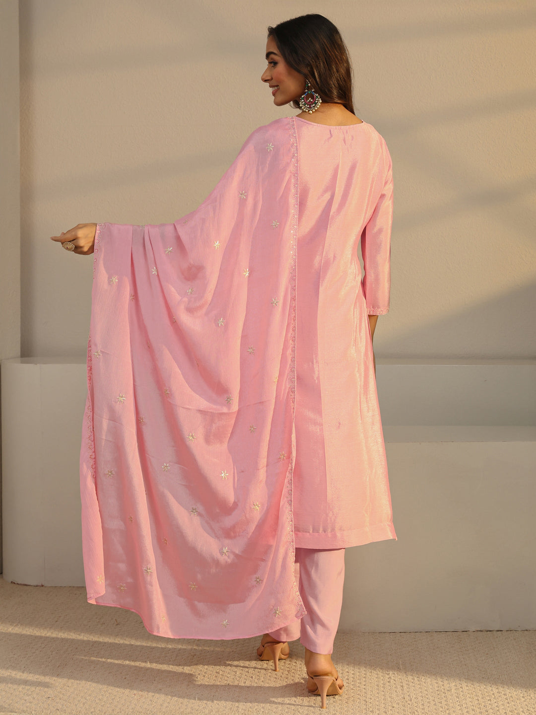 Pink Floral Embroidered Chinon Straight Suit Set