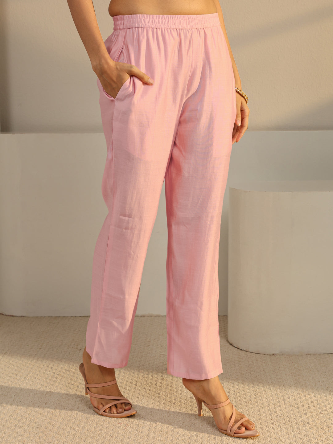 Pink Floral Embroidered Chinon Straight Suit Set