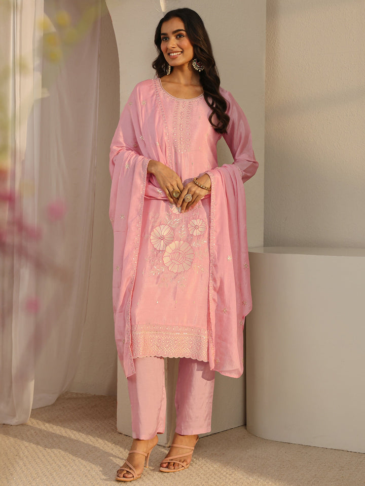Pink Floral Embroidered Chinon Straight Suit Set