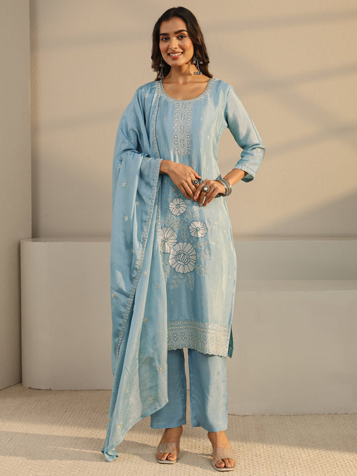 Blue Floral Embroidered Chinon Straight Suit Set