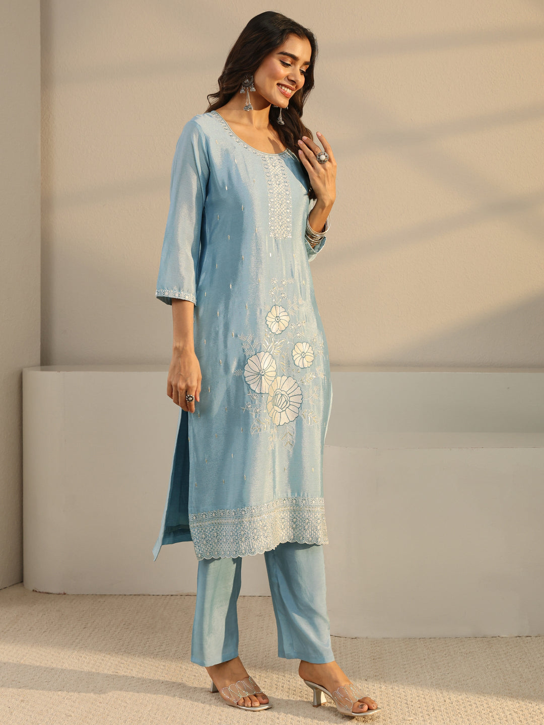 Blue Floral Embroidered Chinon Straight Suit Set
