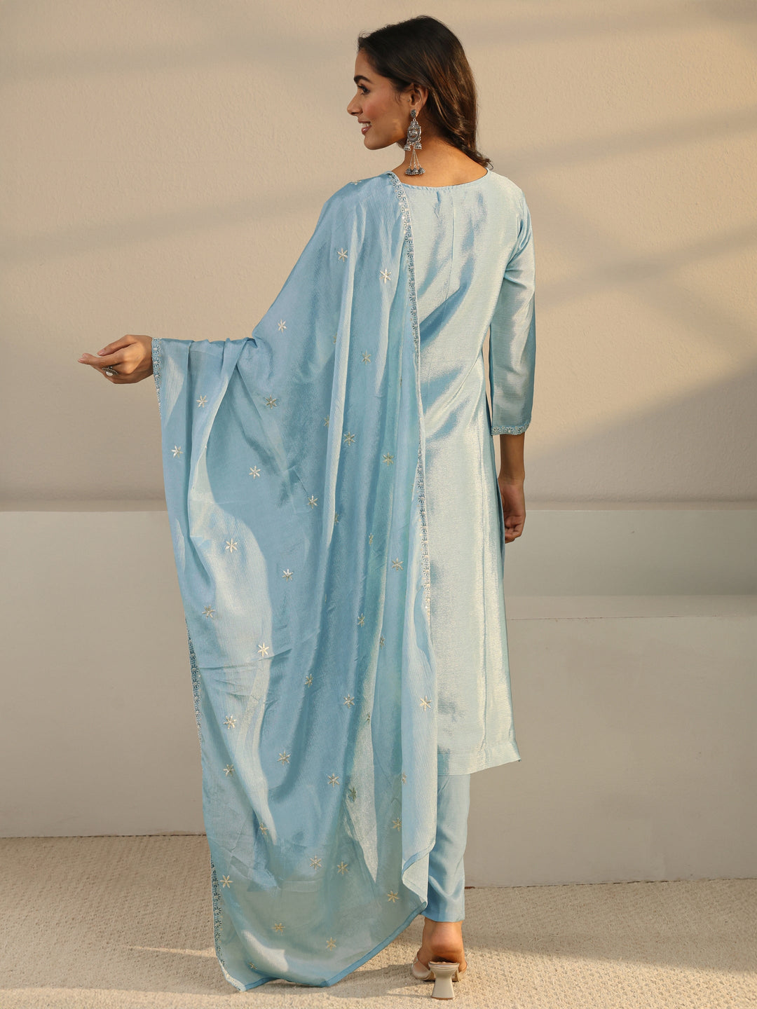 Blue Floral Embroidered Chinon Straight Suit Set