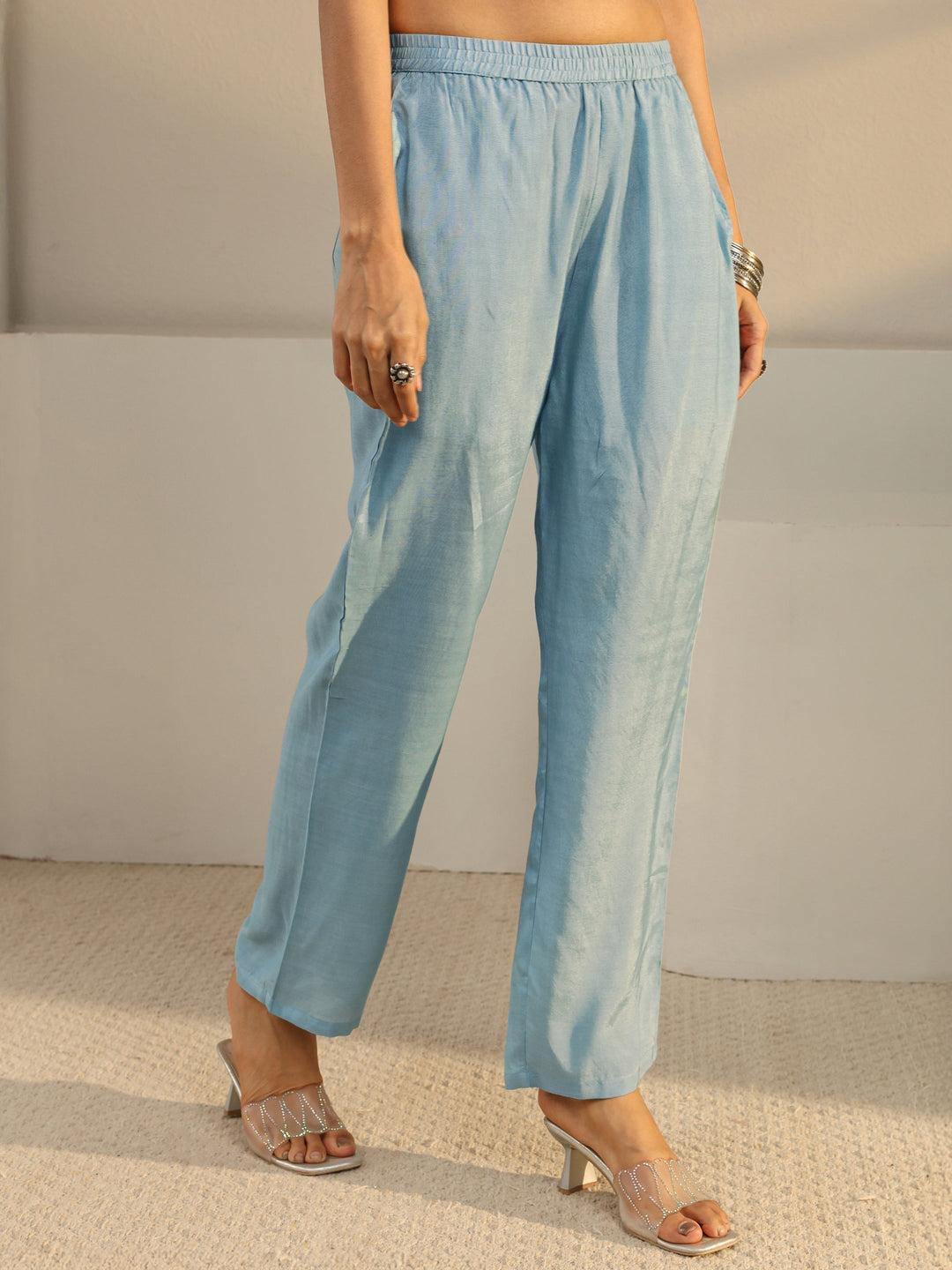 Blue Floral Embroidered Chinon Straight Suit Set