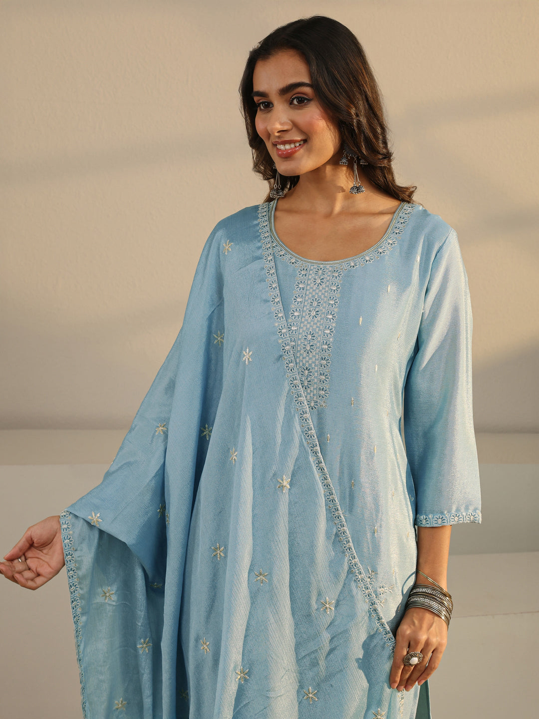 Blue Floral Embroidered Chinon Straight Suit Set