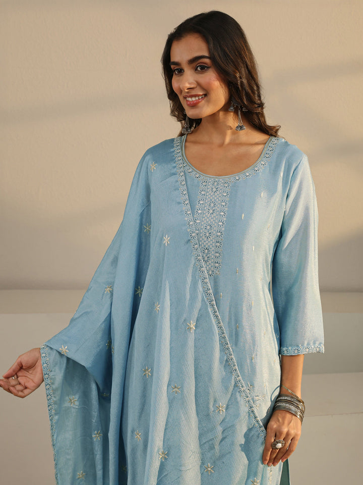 Blue Floral Embroidered Chinon Straight Suit Set