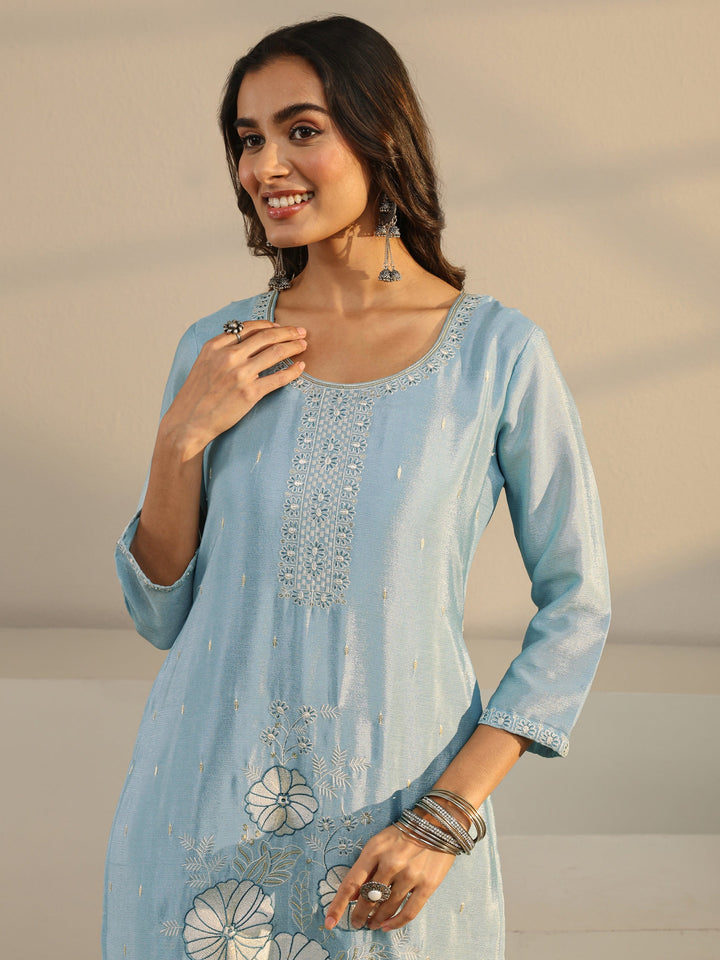 Blue Floral Embroidered Chinon Straight Suit Set