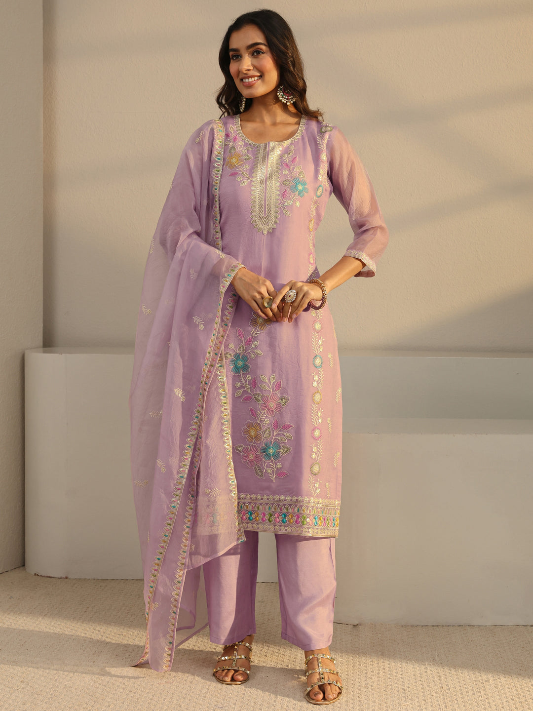 Lavender Floral Embroidered Organza Straight Suit Set